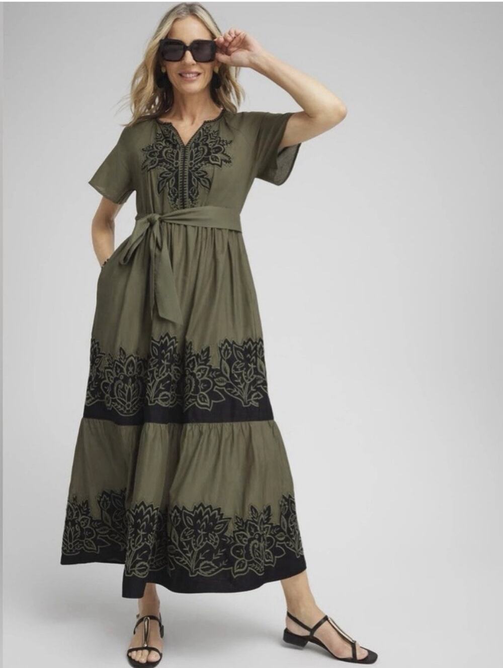 Chico’s Floral Embroidered Tiered Maxi Dress Olive Green Belted Size 1.5 US 10